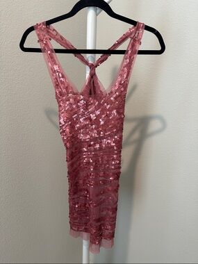 chic Rose Pink Sequin Long Sheer Tank
